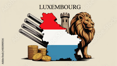 Luxembourg economic power illustration with lion, coins, steel industry and castle around map in national flag colors