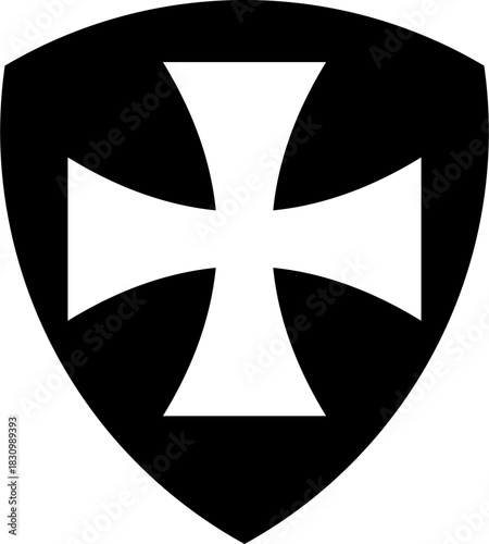 Monochrome vector graphic of a white maltese cross on a black background. The Maltese cross symbolizes courage, chivalry, and protection, most famously associated with the Knights of St. John