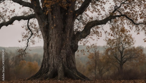 Majestic Oak Tree in Autumn Landscape with Foggy Background.