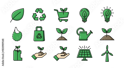 A collection of vibrant green icons representing environmental sustainability. Included are leaves, recycling symbols, plants, water drops, green energy, reusable bags, hand with plants, and more