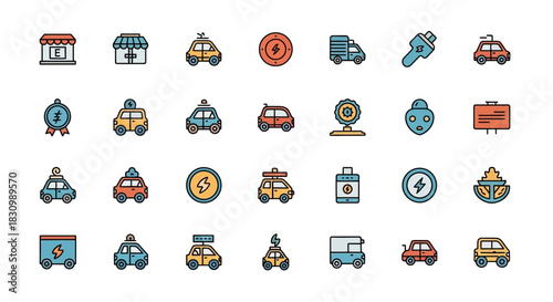 A colorful collection of stylized icons related to electric vehicles, renewable energy, and charging stations. The set includes cars, shops, batteries, and charging symbols
