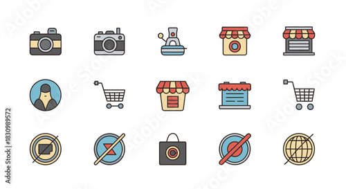A collection of simple, colorful vector icons includes cameras, shopfronts, shopping carts, a user avatar, and symbols denoting restrictions or prohibitions. The style is clean with thick outlines