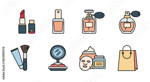 A flat illustration depicts eight cosmetics items lipstick, nail polish, perfume, mascara, face powder with a mirror, brush, face mask, jar of cream and a shopping bag, all in a linear style