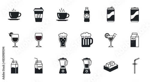 A set of black and white line drawings representing various drink icons, including coffee, tea, alcohol, juice, milk, and smoothies