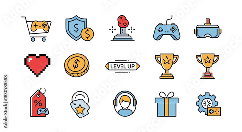 A collection of colorful, flat-style icons representing various aspects of gaming. Themes include currency, rewards, shopping, and virtual reality