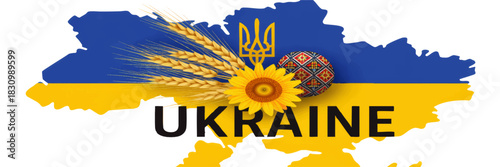Ukraine map with national flag colors, wheat ears, sunflower, Tryzub emblem and traditional Easter egg, patriotic Ukrainian banner