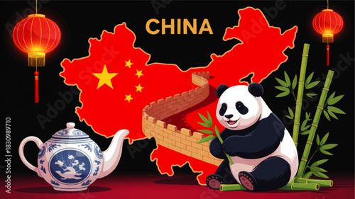 China travel illustration with Great Wall, red map, panda bear, bamboo, lanterns and porcelain teapot on dark background