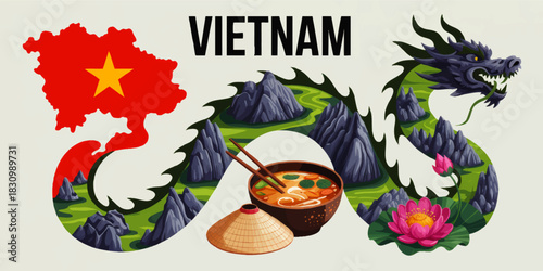 Vietnam culture illustration with dragon landscape, national map, pho soup bowl, conical hat and lotus flower travel concept