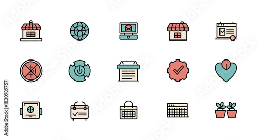 A collection of simple, colorful icons in a flat style, encompassing elements related to commerce, communication, technology, nature, and more. Set against a clean white backdrop