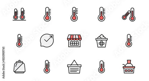 A collection of simple, colored icons arranged on a white background. Icons include thermometers, a shop, a basket, and other objects