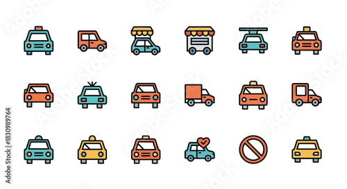 A collection of stylized vehicle icons, including taxis, delivery trucks, and cars with various roof features. They have a colorful palette and thick outlines