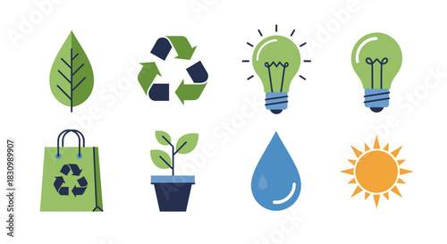 A collection of vector icons showcasing environmental sustainability. Included are a leaf, recycle symbol, light bulbs, a potted plant, water drop, sun, and reusable shopping bag