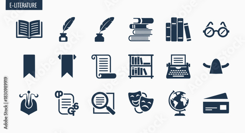 A set of dark blue icons related to e-literature, featuring open books, quills, scrolls, bookshelves, glasses, typewriter, theater masks, globe, and other symbolic imagery