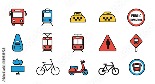 A collection of simple, colorful, vector-style icons, illustrating various modes of transportation and road signs, including buses, trams, taxis, bikes, and a scooter