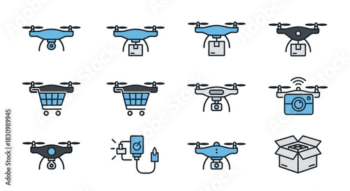 Twelve stylized, colorful illustrations of drones. Some carry packages, cameras, shopping carts, or have charging elements. One shows an open box