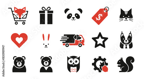 A collection of simple, stylized illustrations in black and red. Depicted are various animals, a gift box, a shopping cart with a fox, a price tag, a heart, a delivery truck, and a gear
