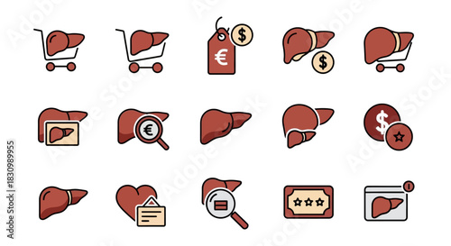 A collection of simple, flat-style illustrations featuring organs with shopping carts, price tags, and other financial icons. The icons focus on medical economics and organ purchasing
