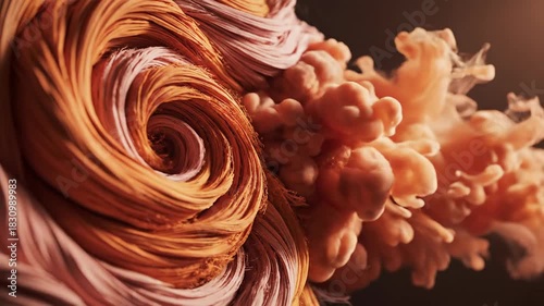 Swirling filaments and clouds, orange, white, and brown, with a soft and abstract texture in a blurred backdrop