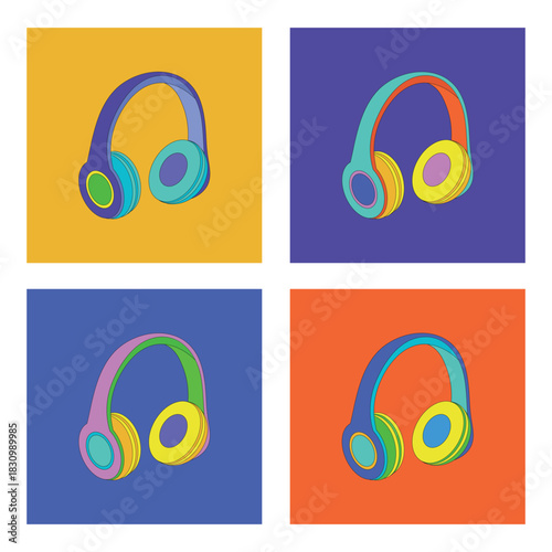 A set of illustrations featuring colorful headphones of various colors. Wireless music headphones in retro style. Vector illustration of headphones for listening to music, audiobooks, or podcasts.