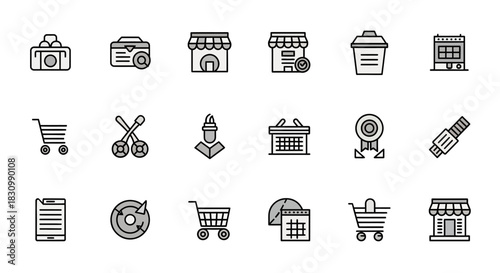 A collection of simple, outlined icons on a white backdrop; includes a briefcase, search tool, shop fronts, bin, calendar, cart, scissors, certificate, and USB cable