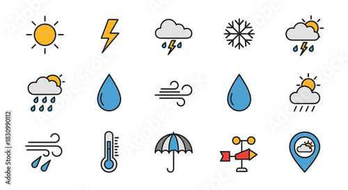 A set of colorful weather icons including sun, rain, clouds, lightning, snowflake, wind, thermometer, umbrella, wind vane, and location marker, against a white backdrop
