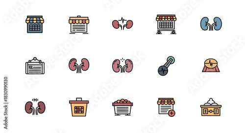 A collection of colorful, flat-style icons featuring shops, kidneys, medical tools, signs, and containers, created for digital design