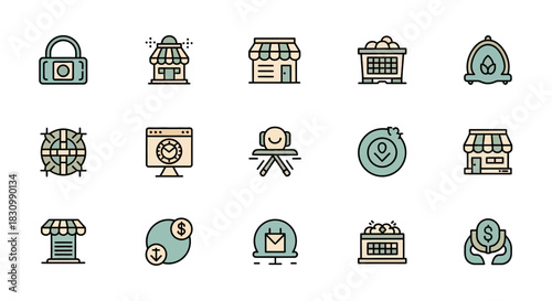 Collection of colorful, stylized icons, depicting a variety of concepts, from security and business to communication and finance, each with a minimalist and modern design