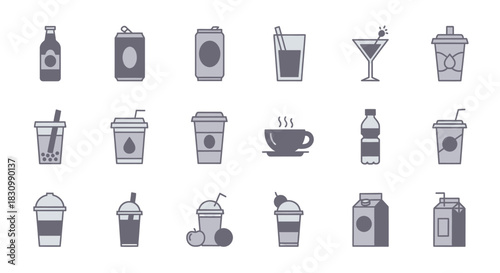 A collection of pixelated beverage icons, including bottles, cans, cups, and a cocktail. Variety of liquid containers, some with straws and fruit. Graphic style, simple design