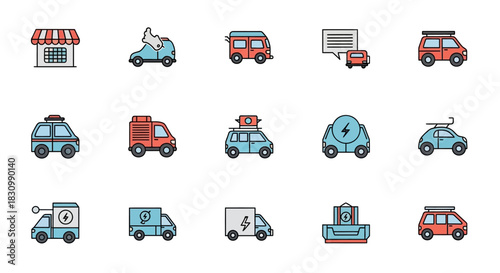A collection of simple, colorful vector icons depicting various vehicles cars, vans, trucks, and a shop. Some highlight electrical energy and charging