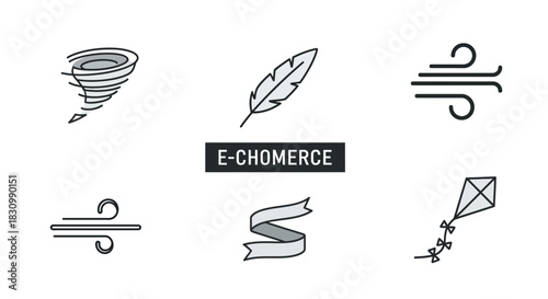 Vector illustrations of weather-related elements, including a tornado, feather, wind symbols, ribbon, and kite. The phrase "E-CHOMERCE" sits on a black rectangle. All icons are outlined