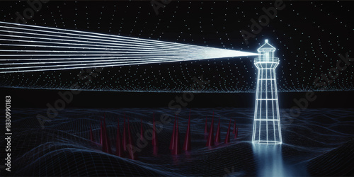 Futuristic digital lighthouse guiding data streams over abstract ocean waves in dark cyber landscape with glowing grid