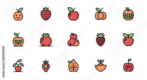 A collection of fifteen colorful, stylized fruit icons. Includes apples, strawberries, pears, and oranges. Each fruit has outline, leaves, and various details