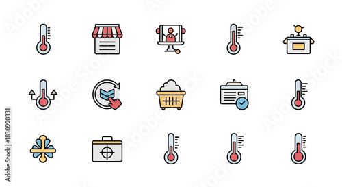 A collection of vibrant icons, featuring thermometers, shopping elements, user interfaces, a container, and other graphical symbols. The illustrations are outlined and colored