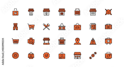 A collection of simple, stylized icons, mostly in orange and black, showcasing various objects and concepts like shopping, time, and communication. They're arranged in a grid on a white background