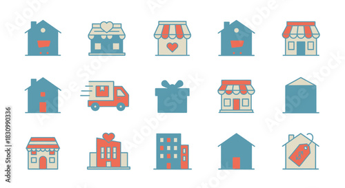 A collection of simple, colorful icons representing various buildings and elements like houses, shops, delivery trucks, a gift, and a price tag. The icons are flat with a minimalist style
