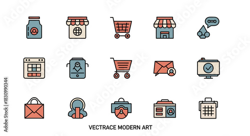 A collection of modern icons, featuring illustrations of a shop, shopping cart, calendar, mail, tablet, computer, and other business-related symbols. The style uses muted colors with a bold outline