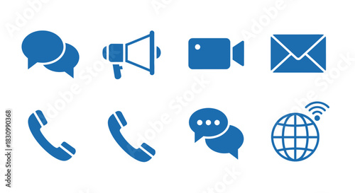 A series of blue icons representing different methods of communication chat bubbles, a megaphone, a video camera, an envelope, and telephone handsets. A globe with WiFi completes the set