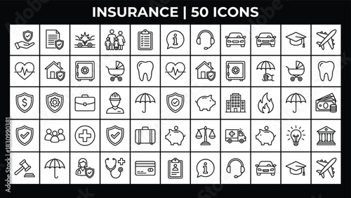 Comprehensive insurance icon set featuring 50 clean line symbols for coverage, safety, protection, finance, health, travel, and business needs.