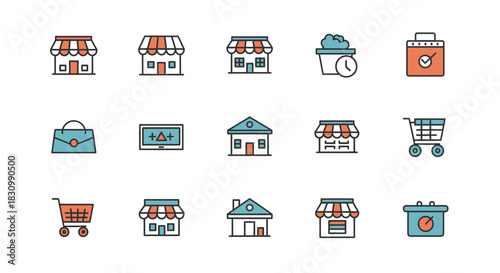 A collection of simple, colorful icons depicting buildings, shopping carts, and a purse. There is a computer screen and a calendar. A few of the icons show checks and time