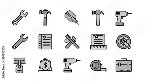 A flat design collection of tools and work-related items, like wrenches, hammers, and a drill, presented with a consistent color palette and outline