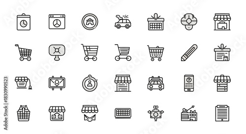 A collection of simple, outlined icons on a white background. These mostly relate to commerce, online presence, shopping, and communication. They're minimalistic and use a neutral color palette