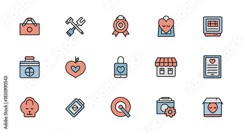 Set of cute, colorful, and minimalistic line icons in a flat style, featuring various objects a bag, tools, a medal, a gift, a computer, a jar