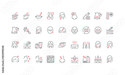 Cosmetic procedures, beauty care and skin rejuvenation, cosmetology, acne treatment line icon set. Exfoliation and moisturizing, lip augmentation thin black and red outline symbols vector illustration