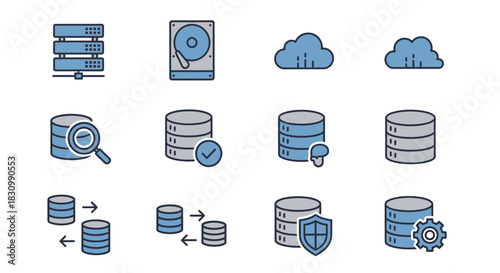 A collection of simple, flat-style vector icons related to data storage, server technology, and cloud computing. The blue and grey design elements suggest digital processes