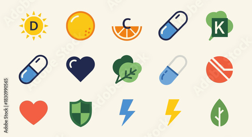 A vibrant, minimalist collection of icons illustrating health concepts. Includes a sun, orange, pills, hearts, shield, and leafy greens. Colors are bright against a neutral background
