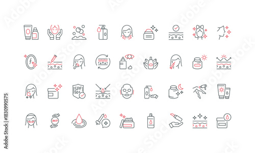 Beauty procedures and cosmetics for 24 hour face skin care line icon set. Pore tightening and revitalizing, sunscreen cream and eye patches thin black and red outline symbols vector illustration
