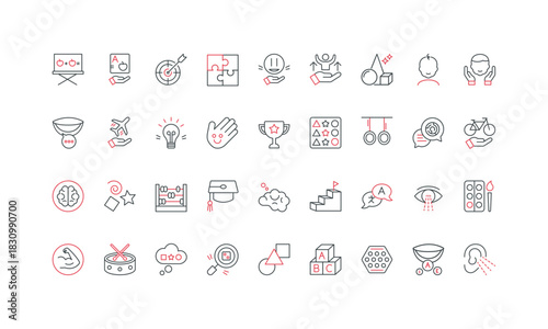 Early child education in kindergarten, brain and memory, sensory development line icon set. Montessori school and childcare, game and therapy thin black and red outline symbols vector illustration
