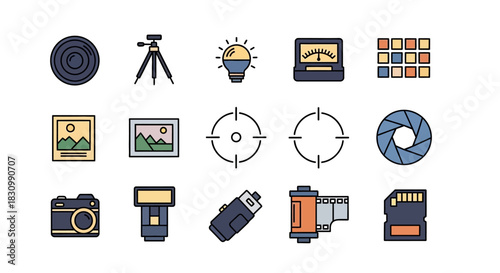 Collection of photography-related icons, featuring a camera lens, tripod, lightbulb, meter, color palette, landscapes, crosshairs, shutter, camera, flash, digital recorder, film roll, and SD card