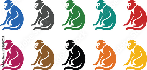 Colorful monkey icons in sitting pose, Primate animal icon set vibrant colors