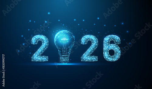 Happy 2026 New Year greeting card with blue light bulb. Ai, business, bright ideas, technological progress, strategic planning, intelligent solutions concept.